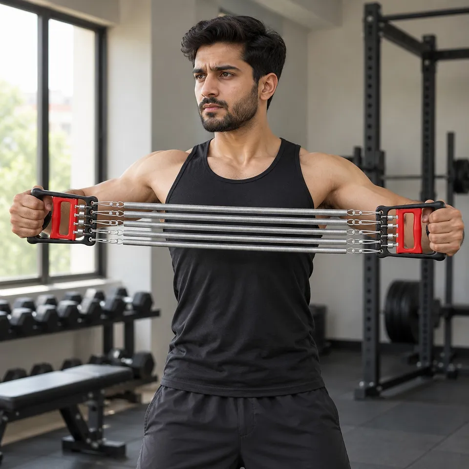 Man using the chest expander in a home gym