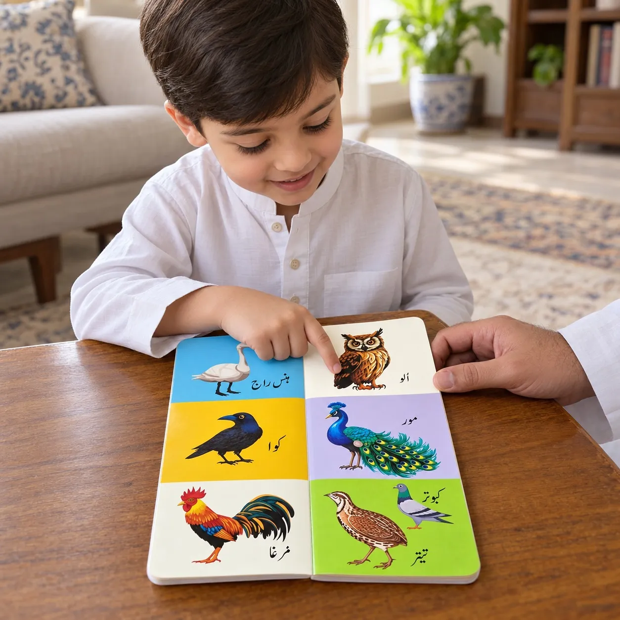 Boy learning Urdu with the tall qaida book