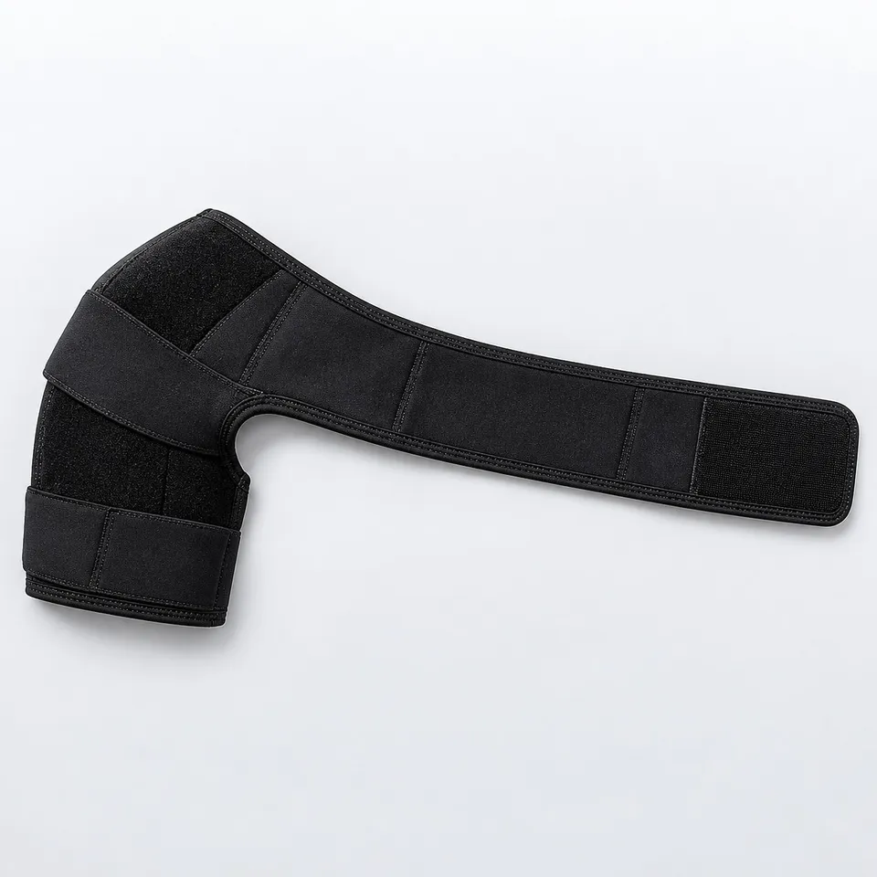 Shoulder support brace laid flat with its chest strap