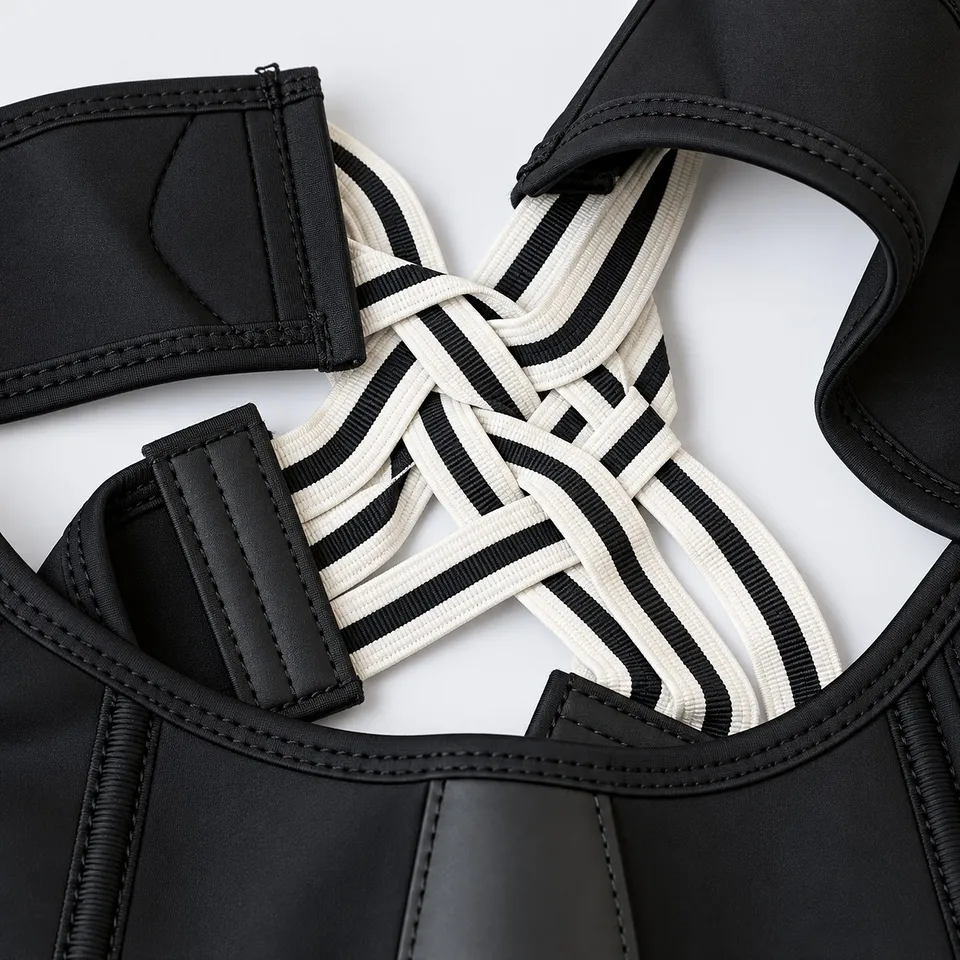 Close-up of the striped elastic X straps on the vest
