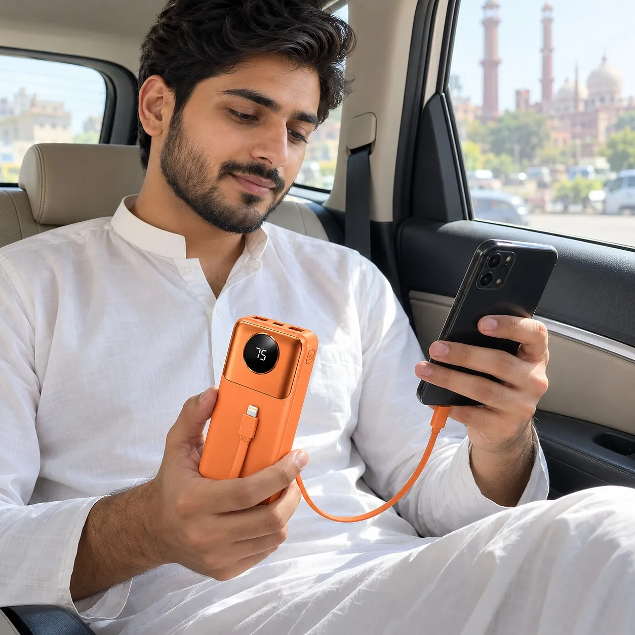 Man charging his phone from the LMA power bank in a car