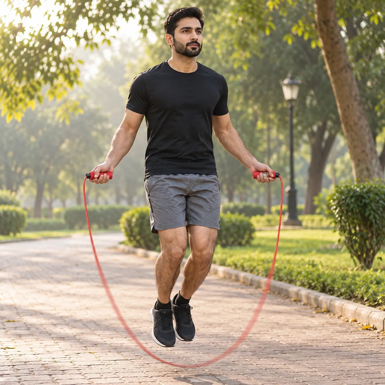 Man skipping with the counter rope in a park