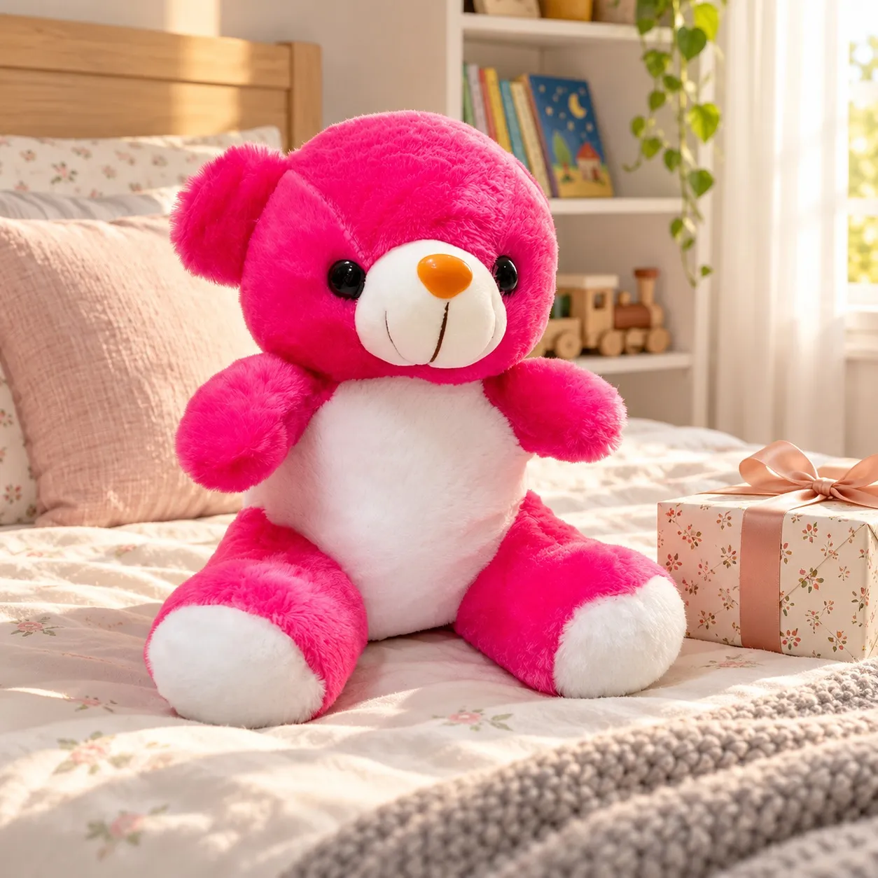 Pink teddy bear on a child’s bed with a gift