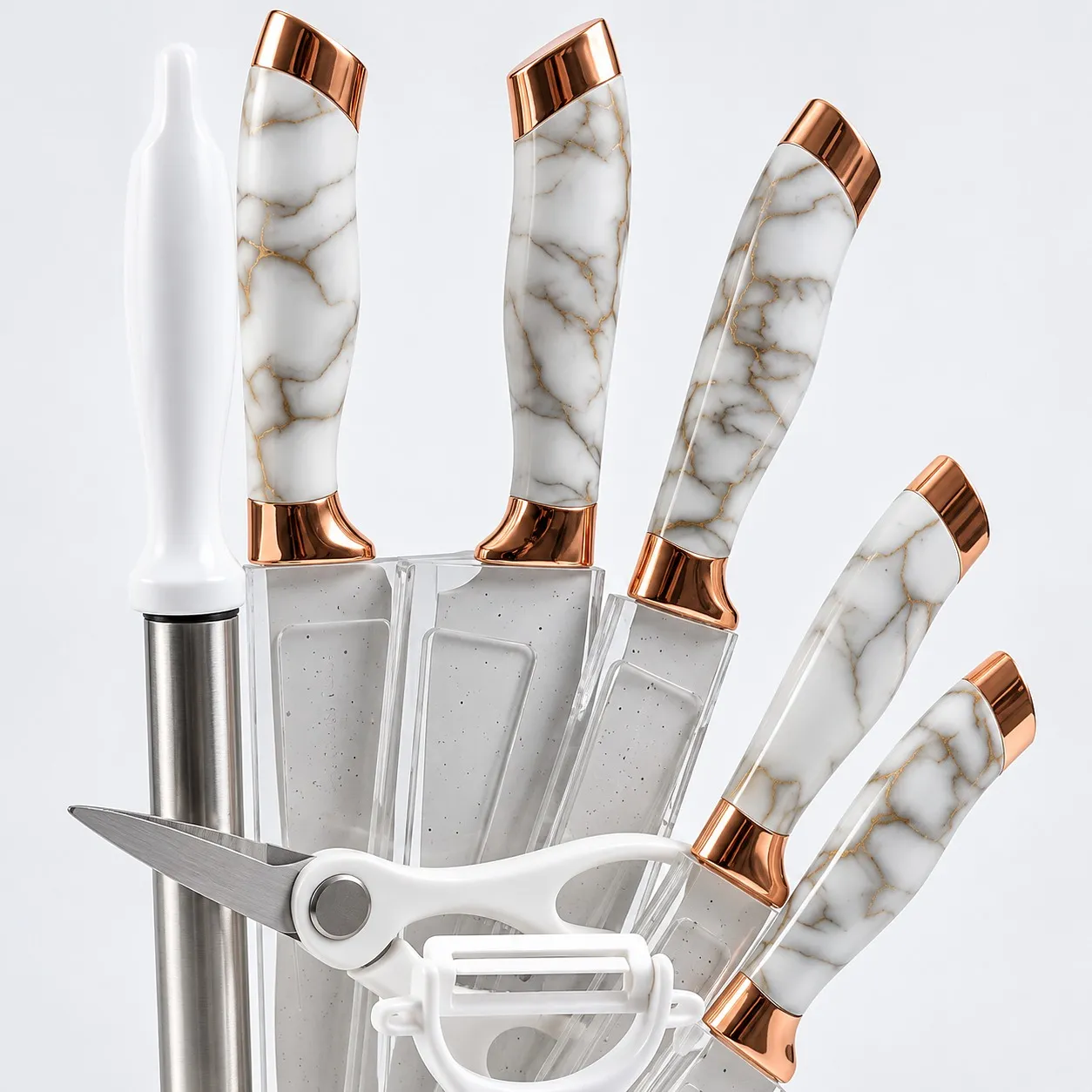 Marble pattern handles with rose gold bolsters