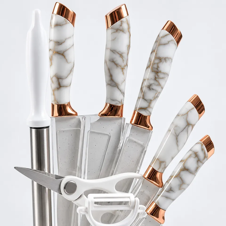 Marble pattern handles with rose gold bolsters