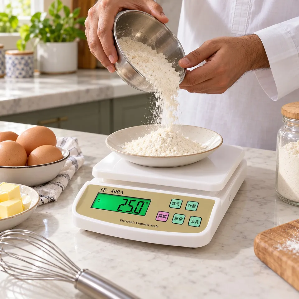 Weighing flour on the SF-400A kitchen scale