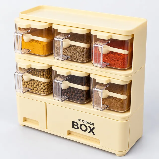Masala Box Rack with 6 Clear Spice Boxes, Spoons and 2 Drawers