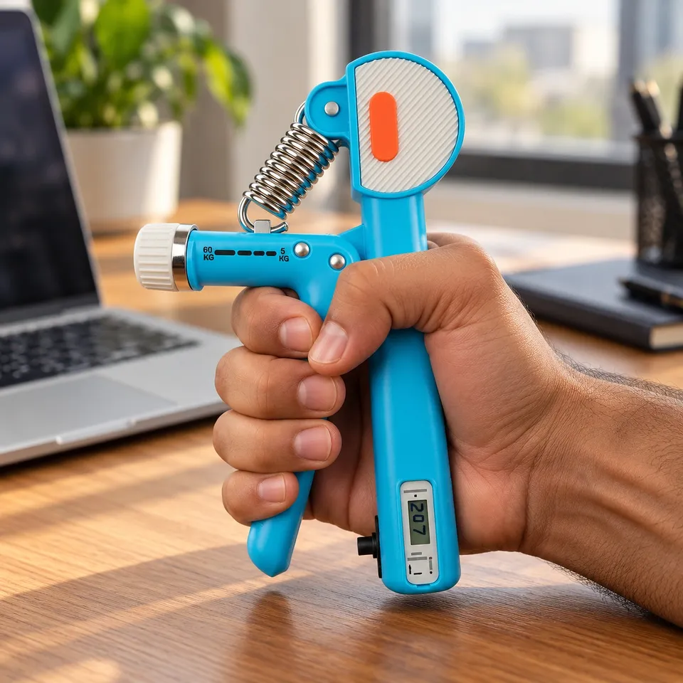 Hand squeezing the digital hand gripper at a desk