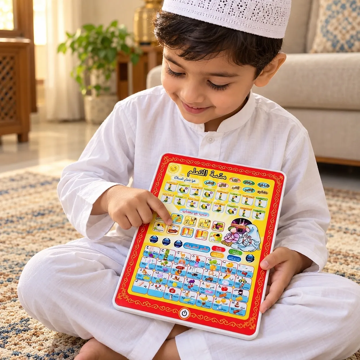 Boy in a prayer cap learning with the Islamic tablet