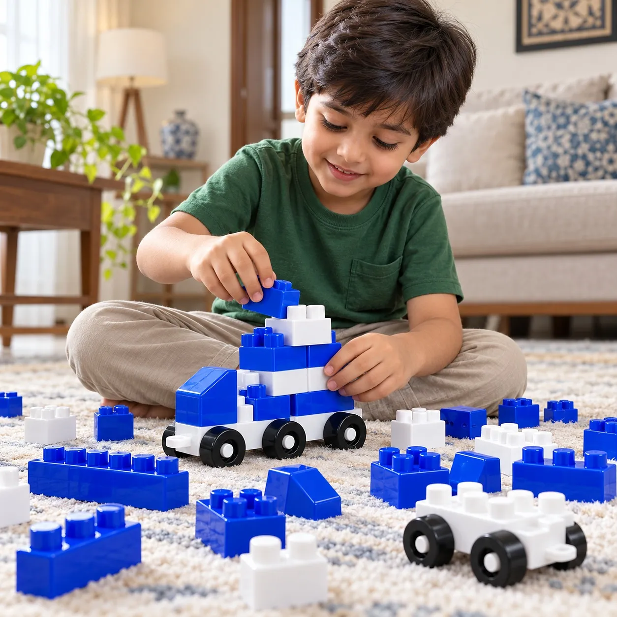 Boy building a car with the blue and white blocks