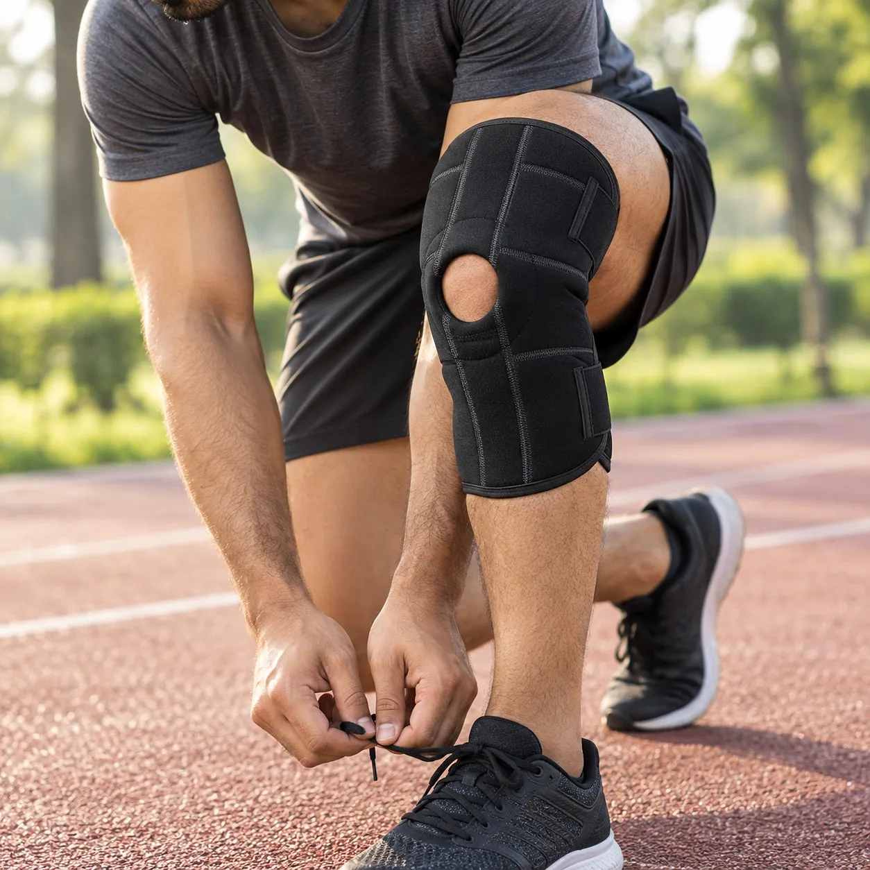 Man wearing the open patella knee brace on a running track