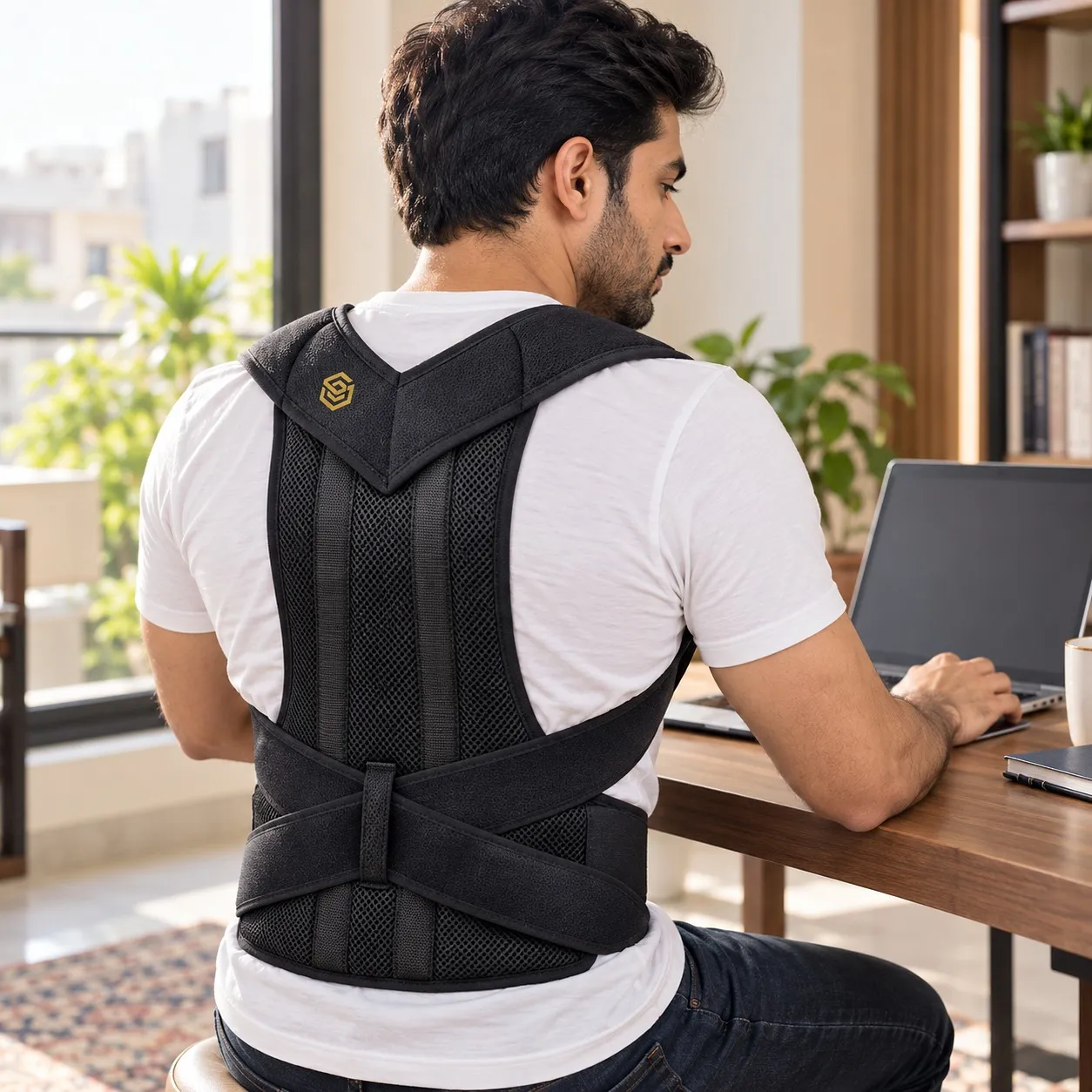 Man wearing the posture corrector belt at his desk