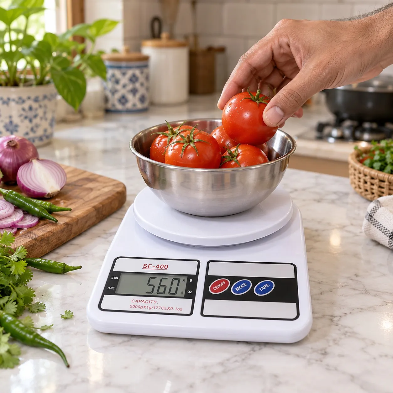 Weighing tomatoes on the SF-400 kitchen scale