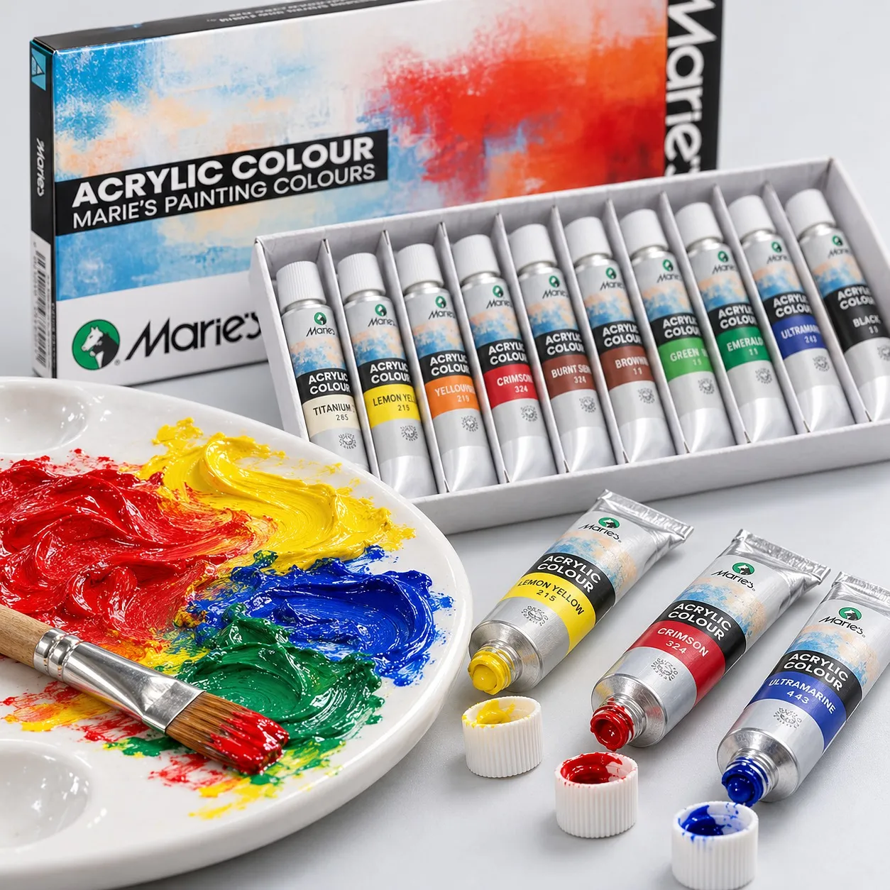 Acrylic paint on a palette with a brush