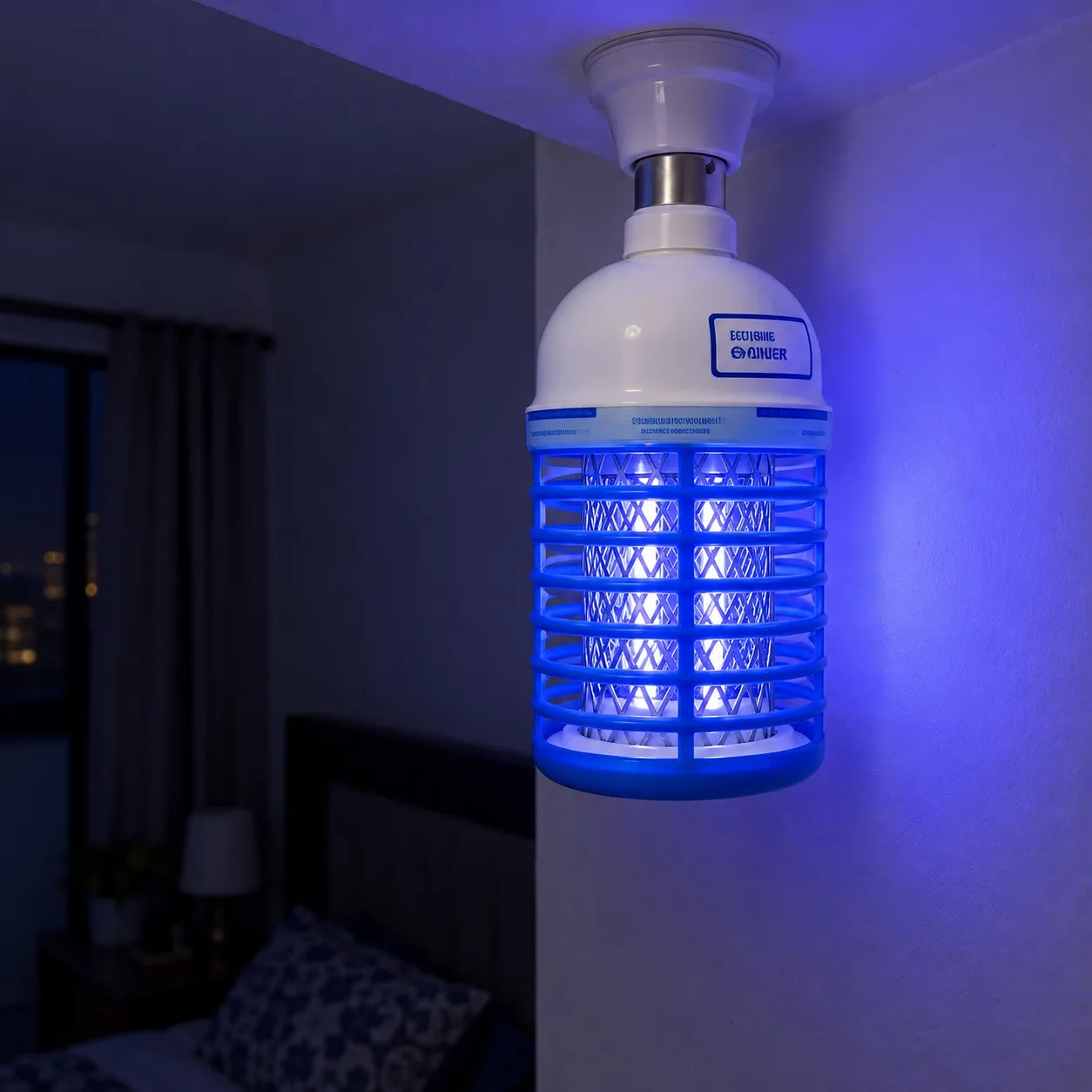 Millat insect killer glowing blue at night in a dark room