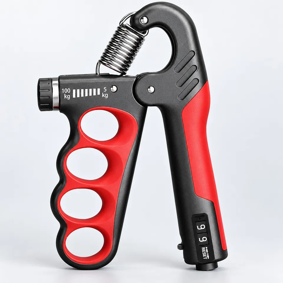 Red adjustable hand gripper 5–100 kg with finger grip