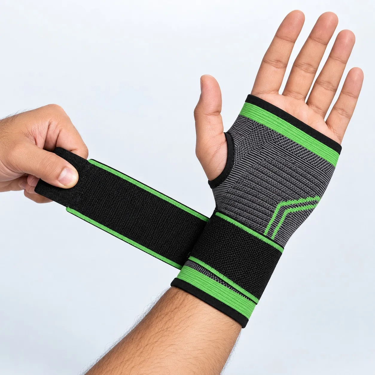 Man wrapping the black wrist strap of the grey and green palm support