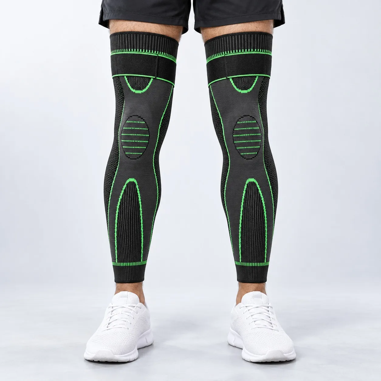 Pair of full leg knee support sleeves worn on both legs
