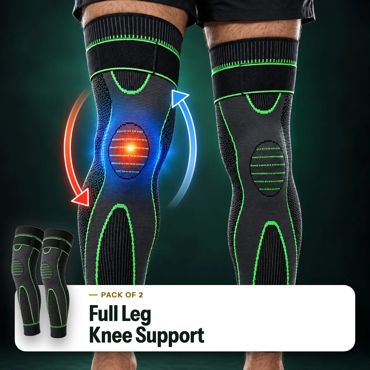 Full leg knee support sleeves on a man’s legs, pack of 2