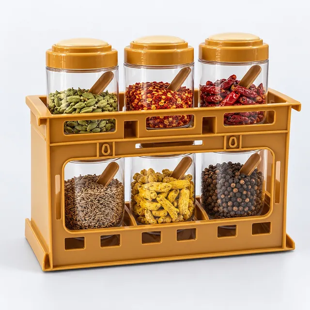 SpiceLine 6-Jar Spice Rack with Spoons and Two-Tier Stand
