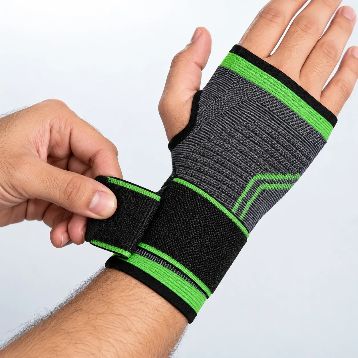Close-up of the knit and the hook-and-loop wrist strap