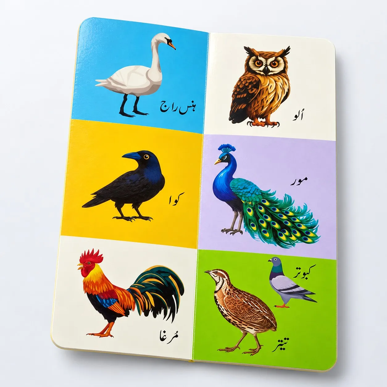 Urdu qaida pages with birds and their Urdu names