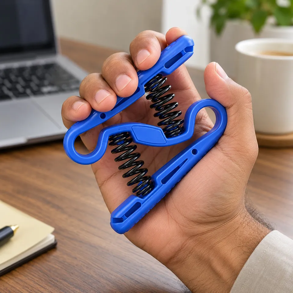 Hand squeezing the blue Z-shape hand gripper
