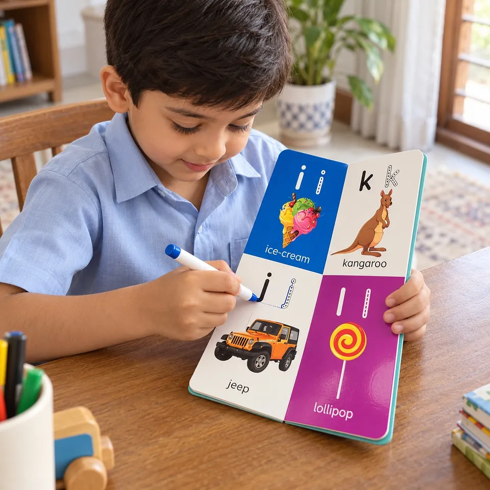 Boy tracing small letters in the alphabet book