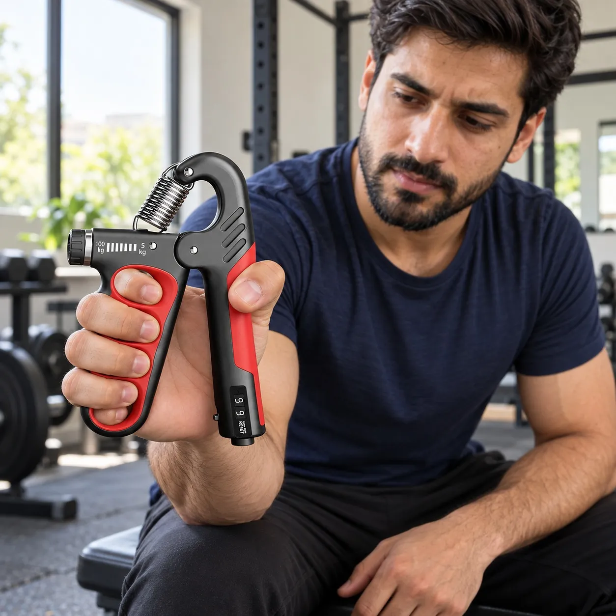 Man training with the red hand gripper in a gym