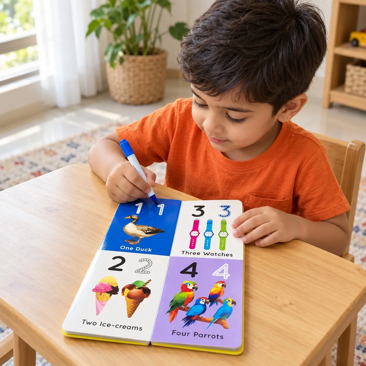 Boy tracing numbers in the wipe-clean book
