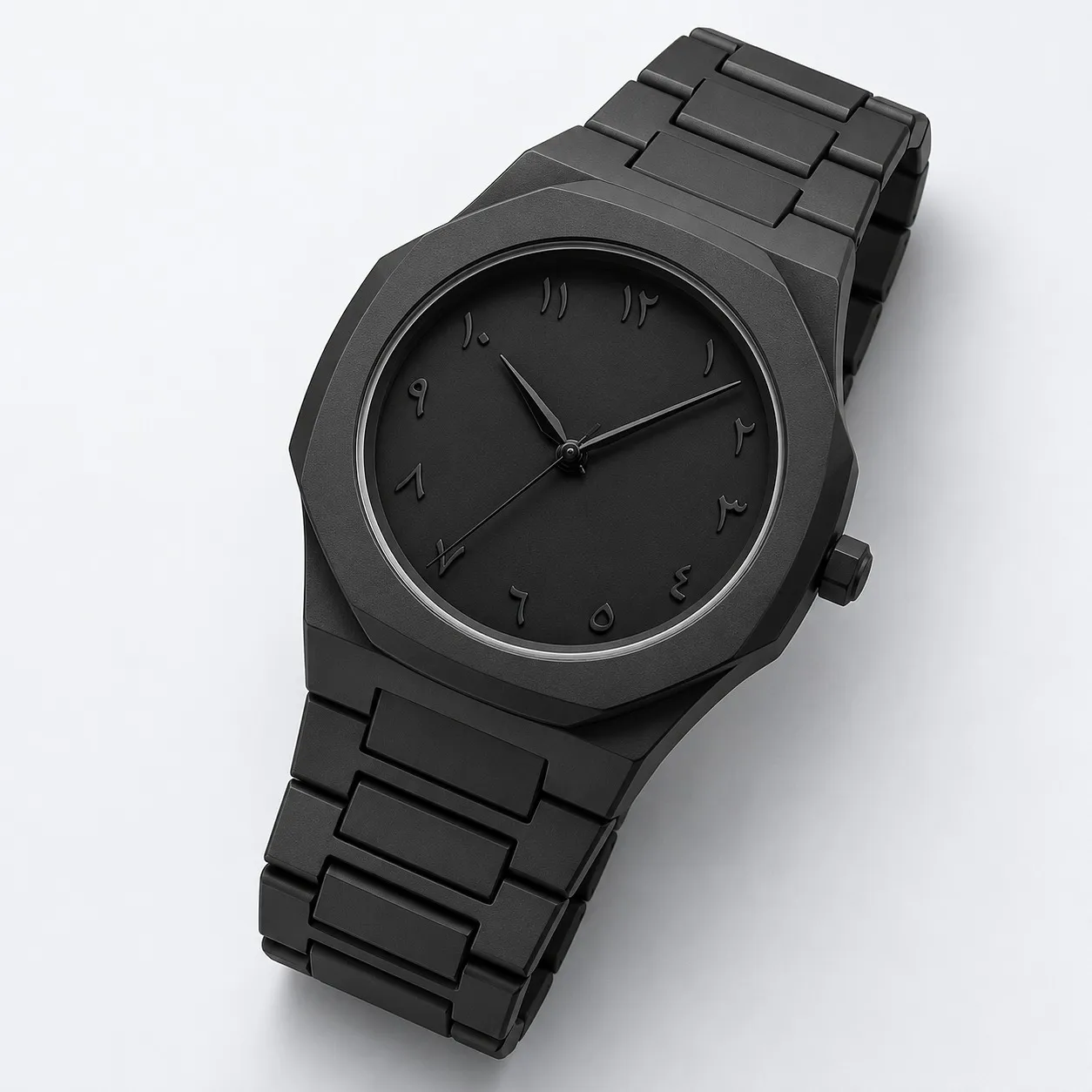 Matte black Aura watch with its black link bracelet, side view