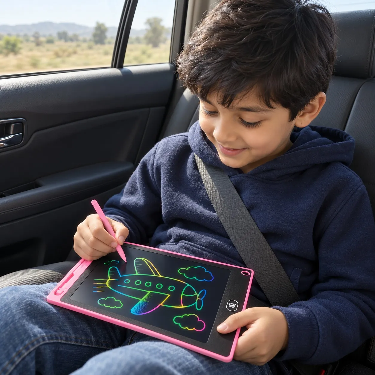 Boy drawing on the LCD writing tablet in the car