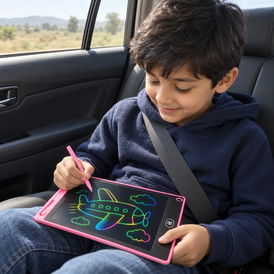 Boy drawing on the LCD writing tablet in the car