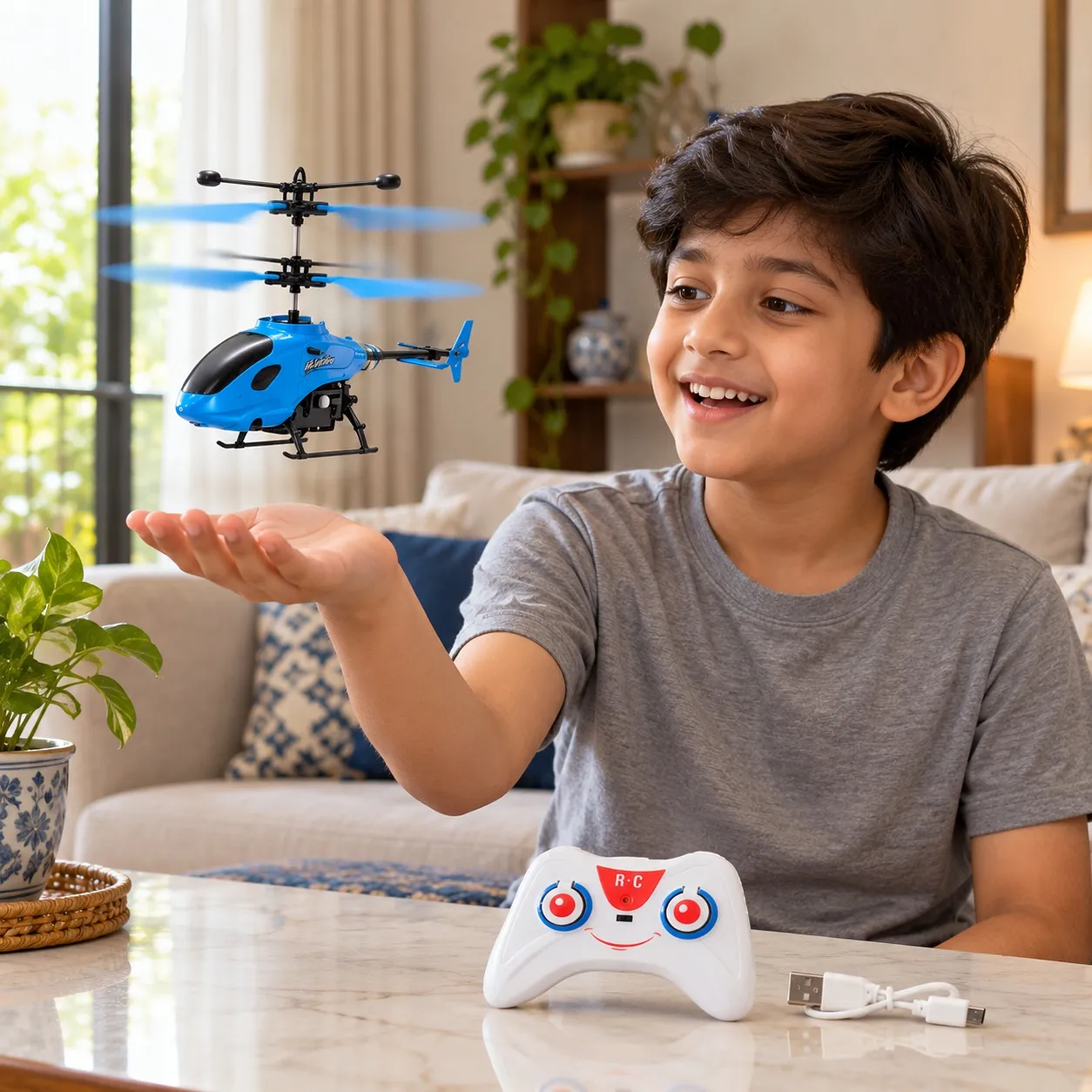 Boy flying the hand sensor helicopter above his palm