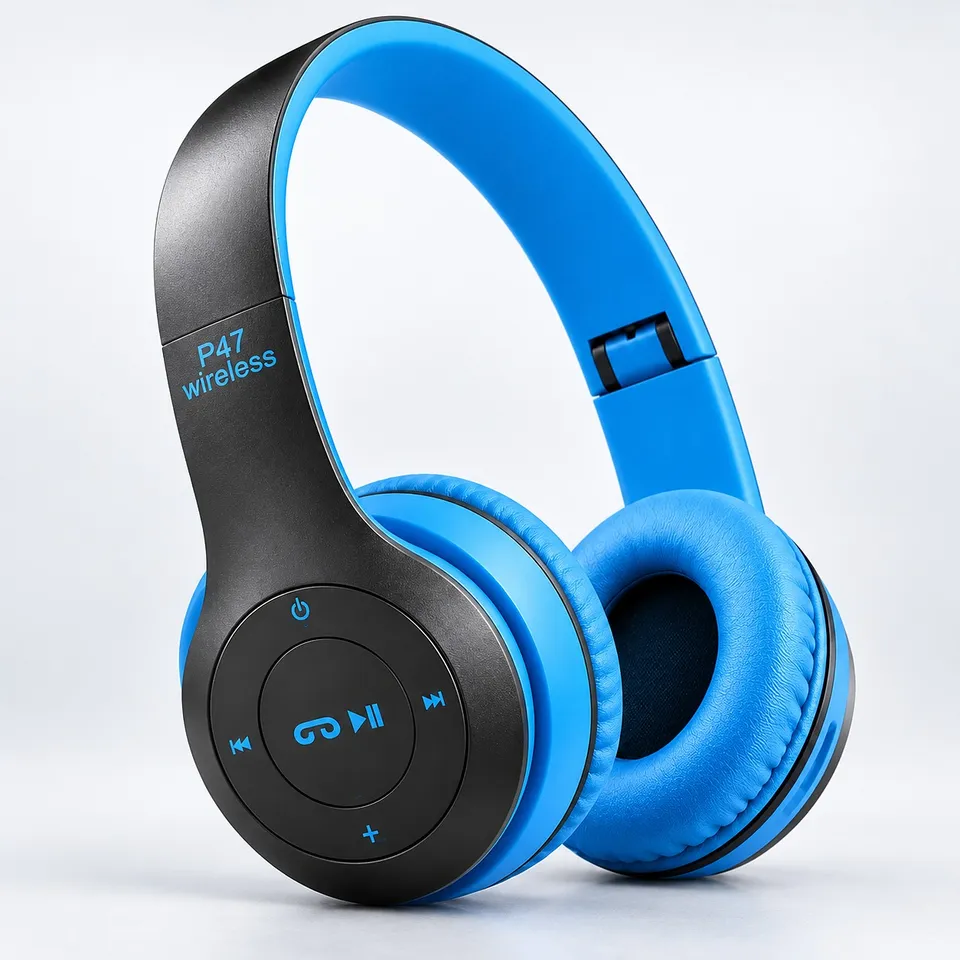 P47 wireless Bluetooth headphones in black and blue