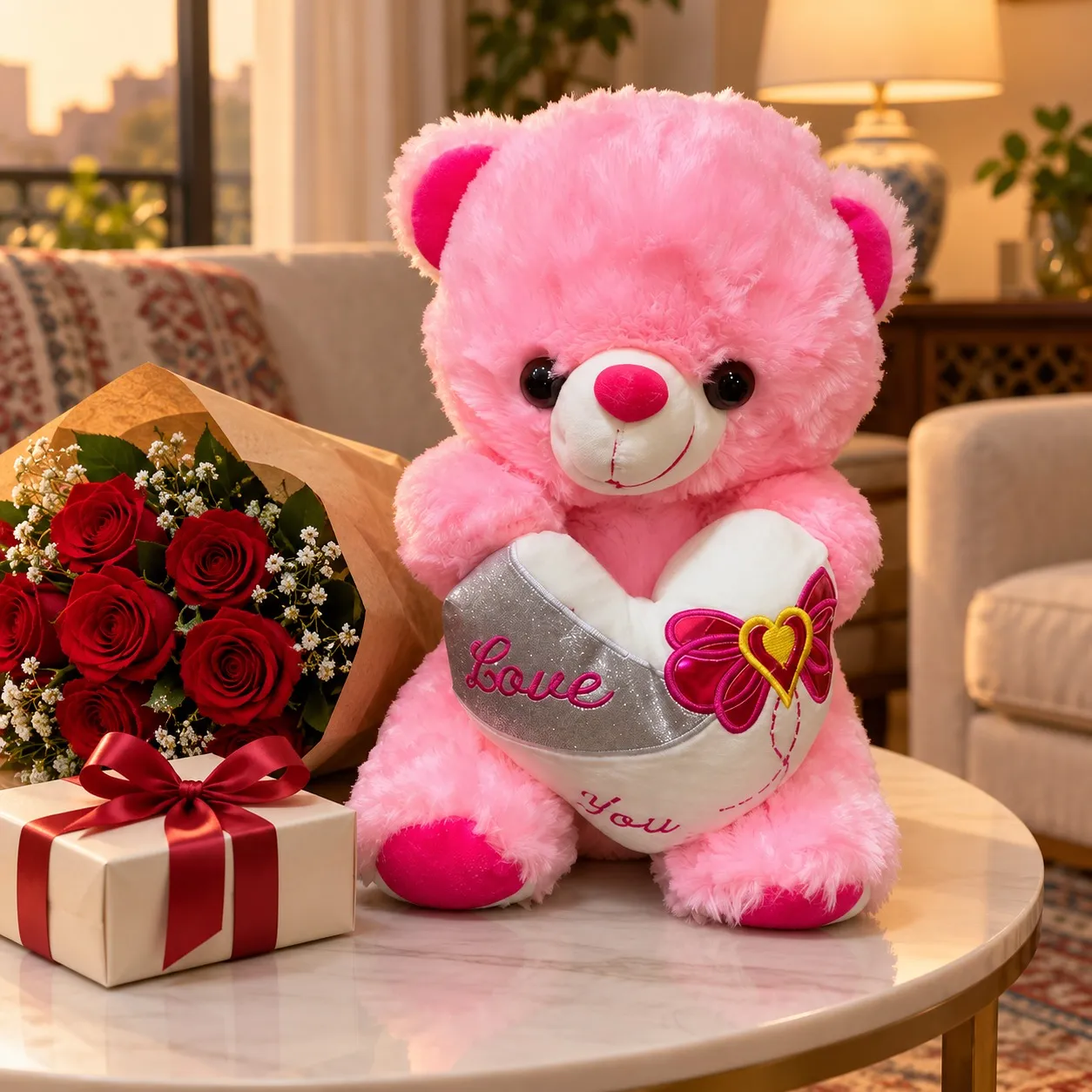 Pink teddy bear with roses and a gift