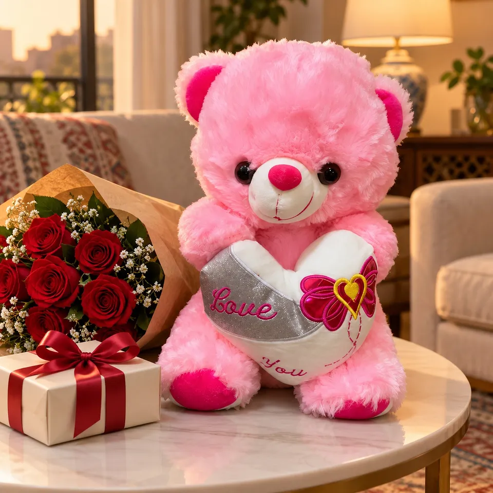 Pink teddy bear with roses and a gift