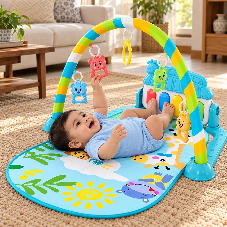 Baby boy kicking the piano keys on the play gym