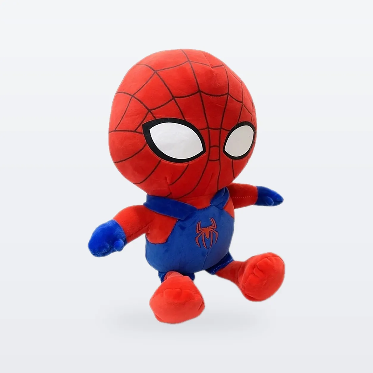 Red and blue superhero plush toy, front view