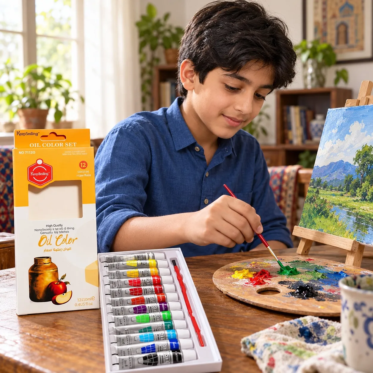 Boy painting with Keep Smiling oil colours