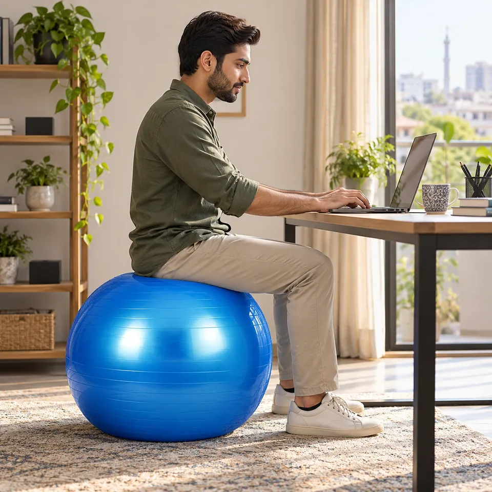 Man sitting on the gym ball at his desk