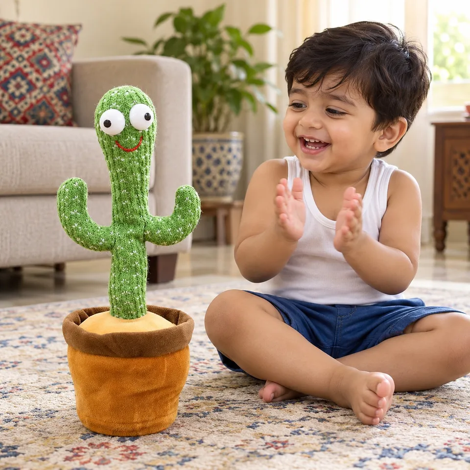 Toddler clapping at the dancing cactus toy