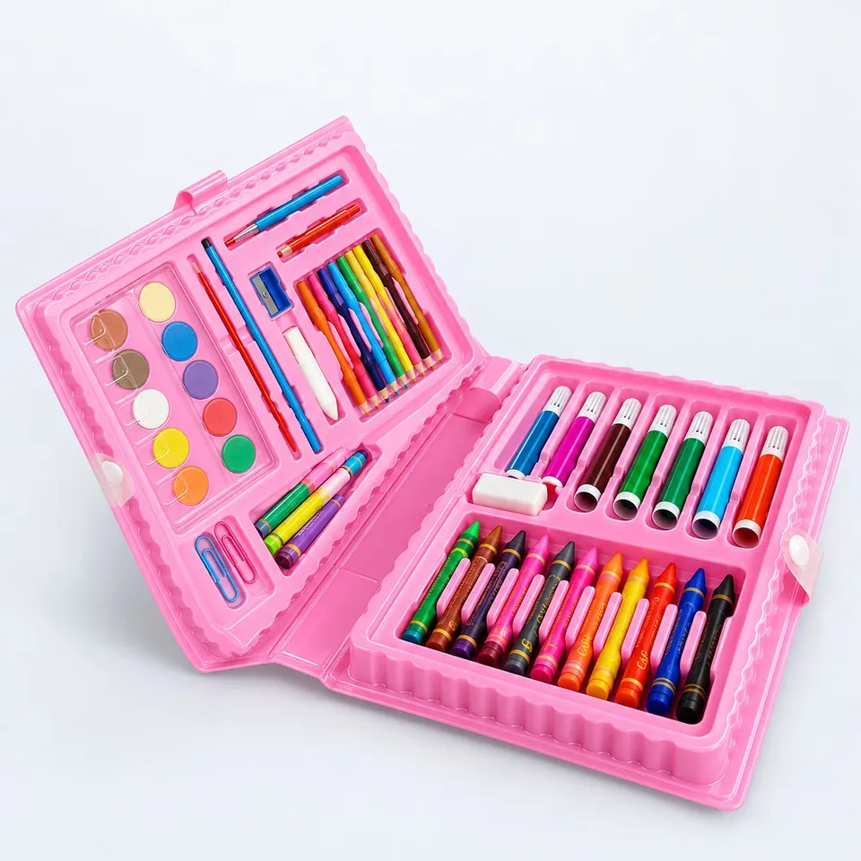 68-piece art set in a pink carry case, open