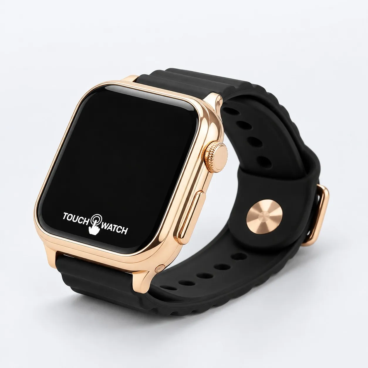 Rose gold square LED watch with a black silicone strap, screen off