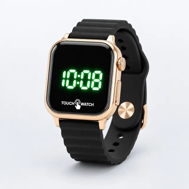 Square LED Touch Watch with Rose Gold Frame and Black Strap