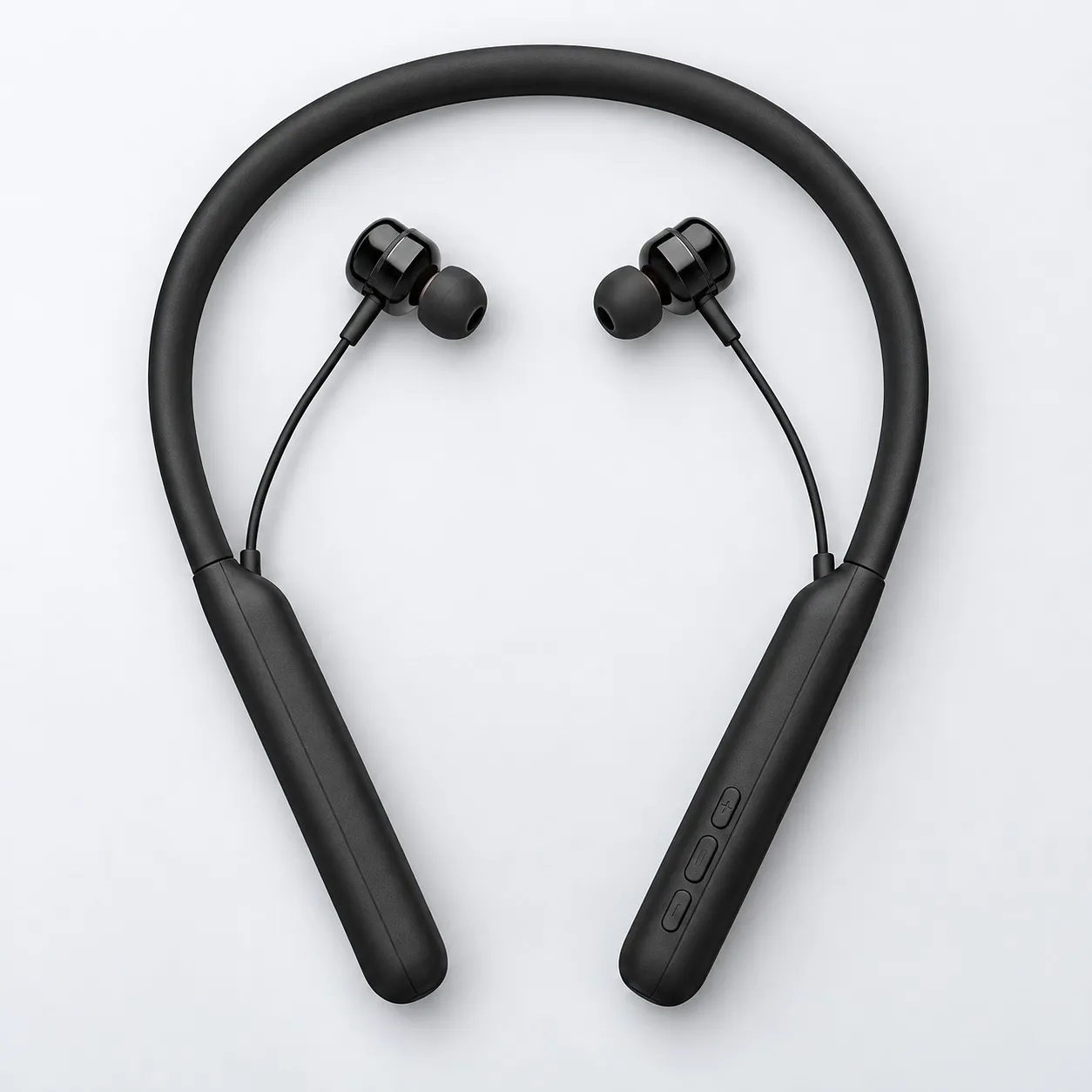 Wireless neckband with its two in-ear earbuds, front view