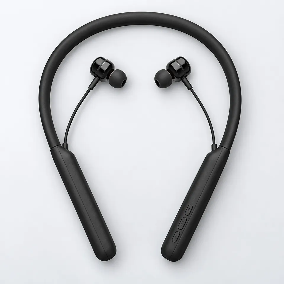 Wireless neckband with its two in-ear earbuds, front view