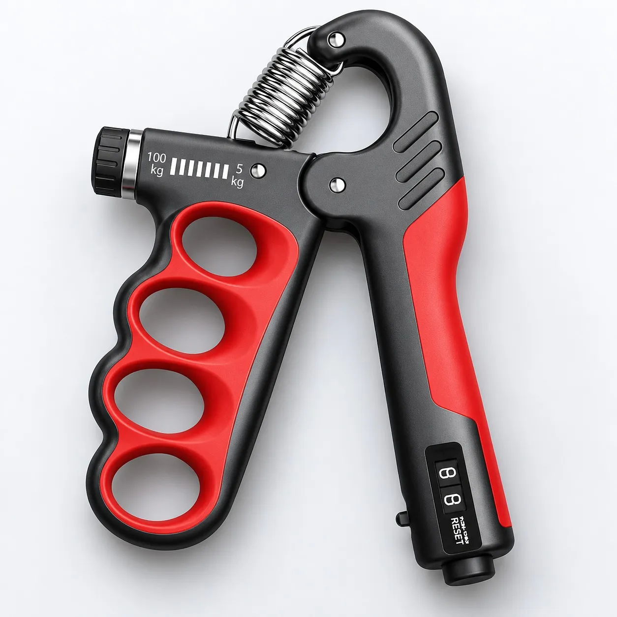Red adjustable hand gripper, side view