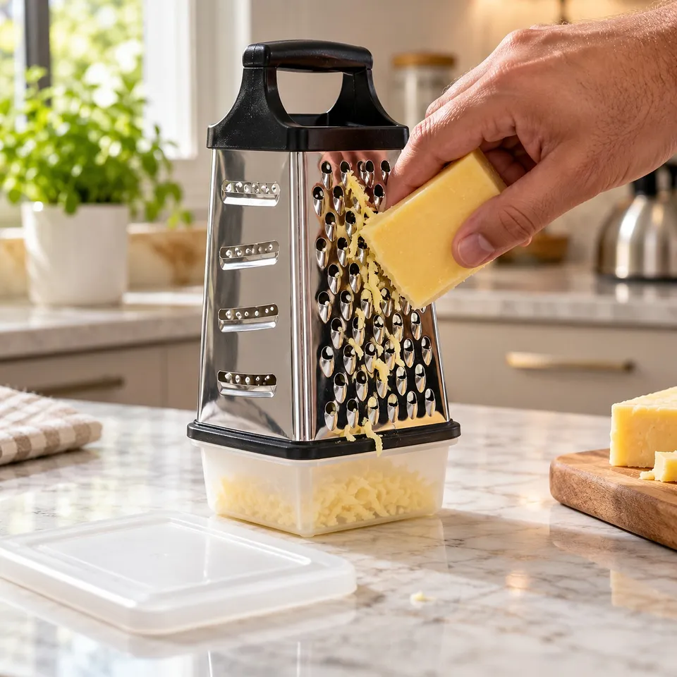 Grating cheese into the box grater container