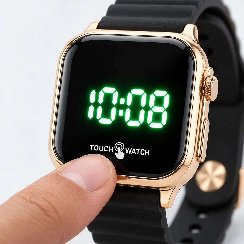 Finger tapping the LED watch screen to show the time